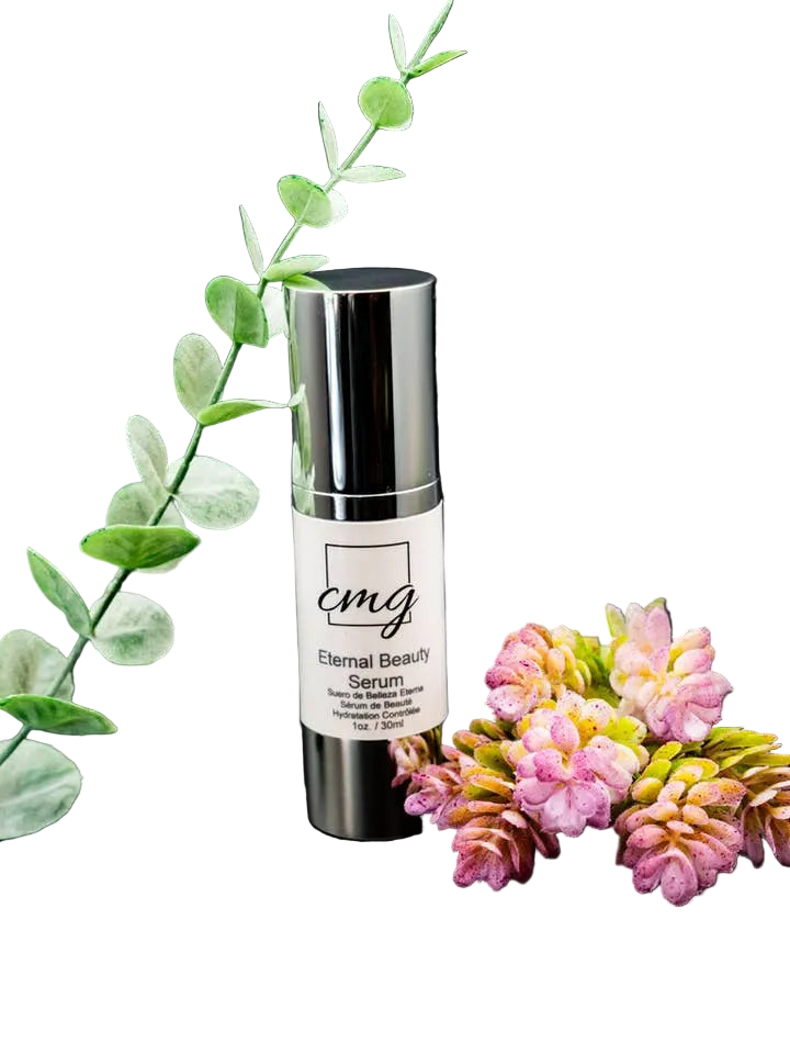 Eternal Beauty Serum bottle with flowers and leaves on a black background