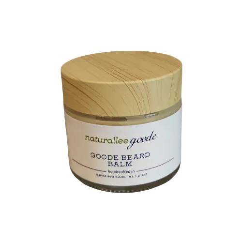 Jar of Goode Beard Balm with a wooden lid on a white background