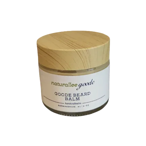 Jar of Goode Beard Balm with a wooden lid on a white background