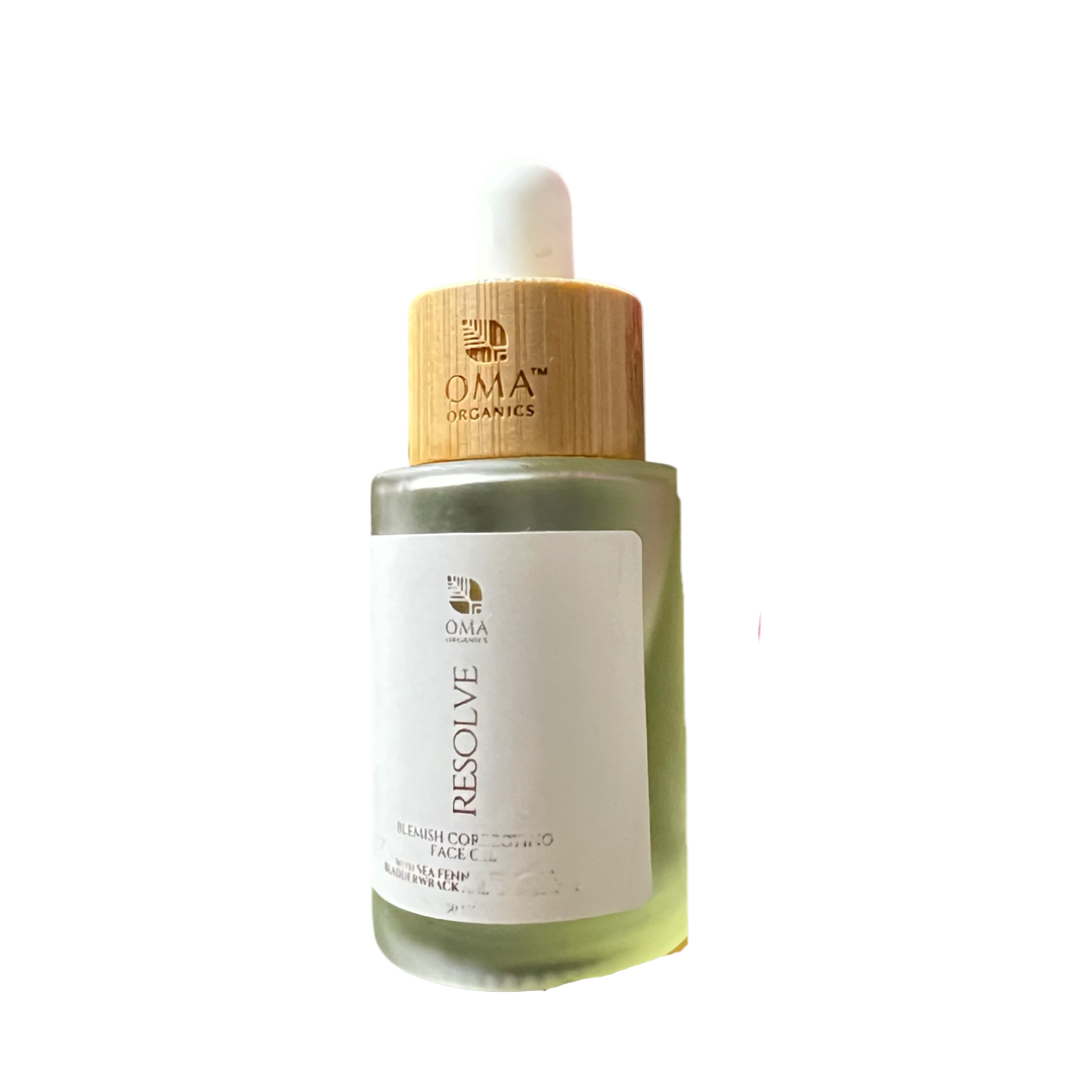 Bottle of OMA Organics Resolve skincare serum with bamboo cap on a white background